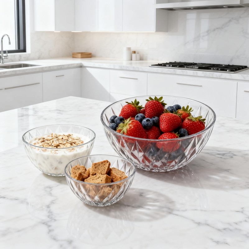 Elegant Diamond Textured Glass Salad Bowl Set – 4 Sizes