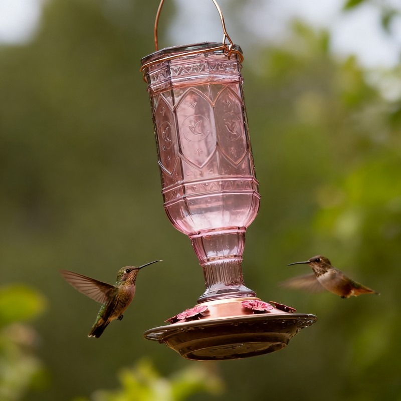 Antique Pink Glass Hummingbird Feeder – Hanging Garden Decor