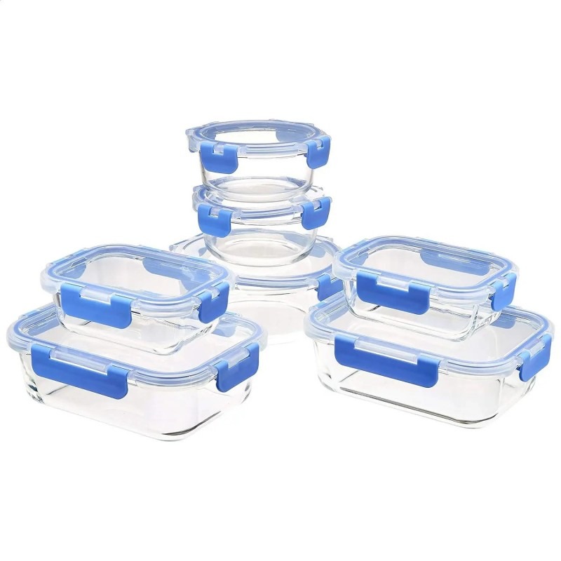 Airtight Borosilicate Glass Food Containers with Blue Lids