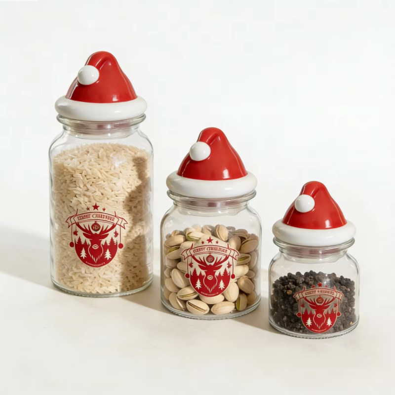 Christmas Glass Storage Jars with Ceramic Santa Hat Lids