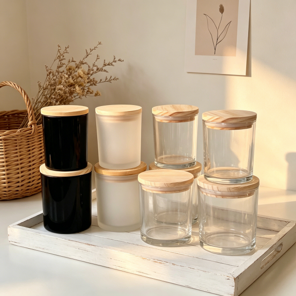 Professional Clear and Frosted Glass Candle Jar with Natural Wood Lid