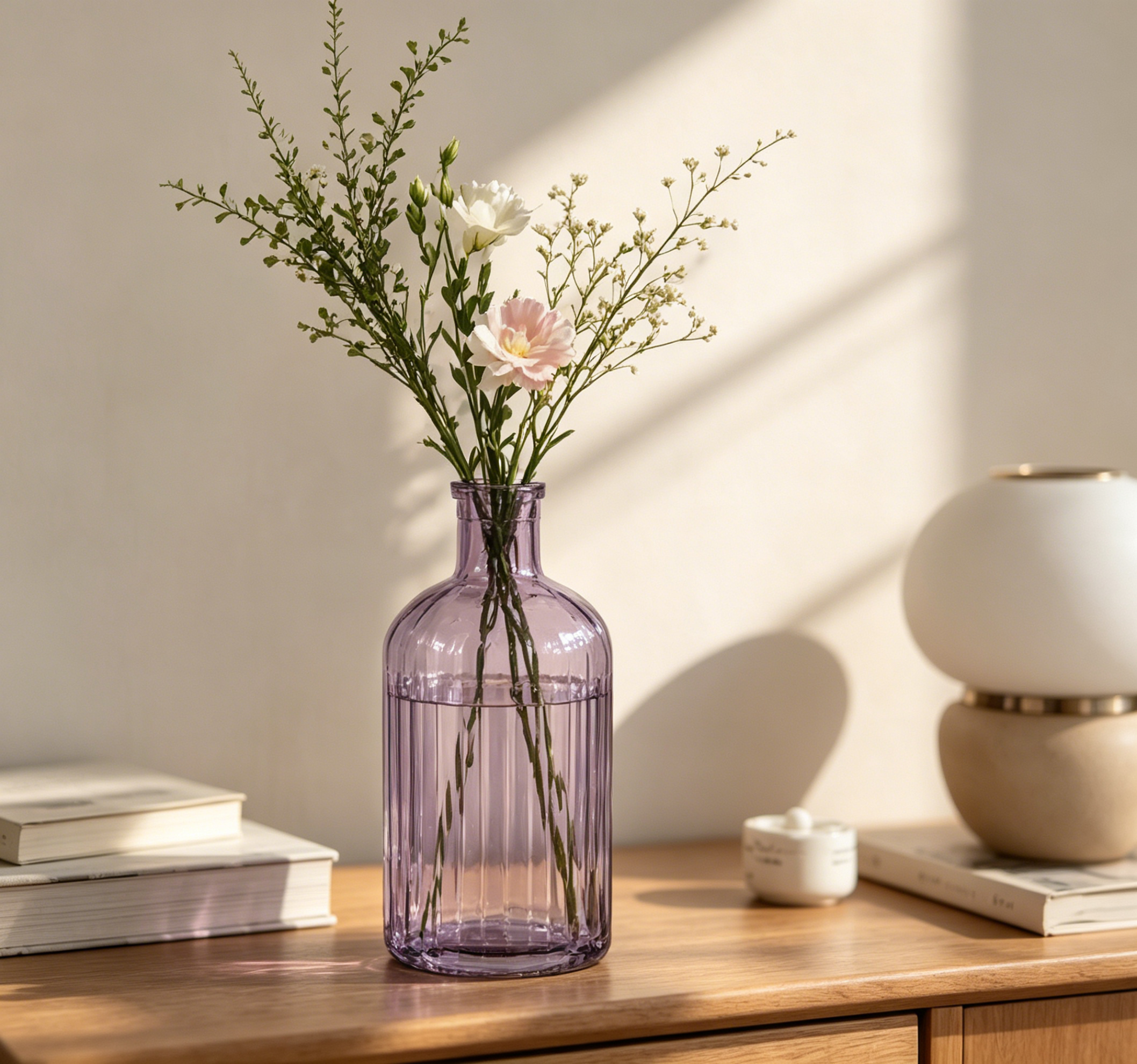 Modern Purple Ribbed Glass Vase (21x9cm) – Premium Soda-Lime