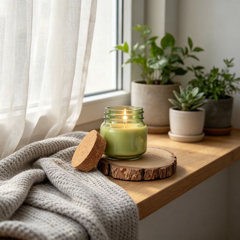 Wholesale Green Soda-lime Glass Candle Jar with Cork Lid